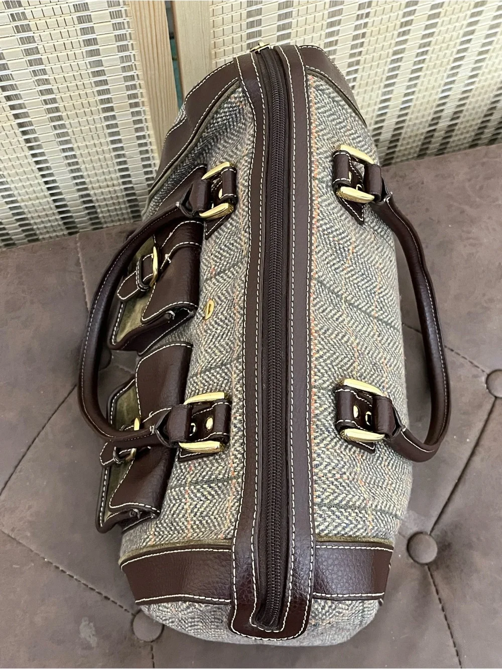 Etienne Aigner Brown Leather & Olive Tweed Satchel